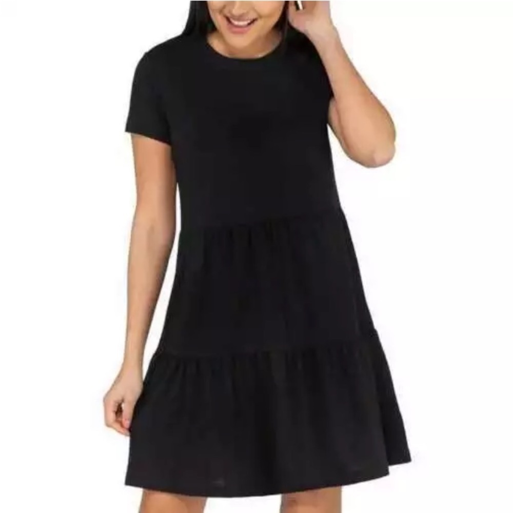 NICOLE MILLER Dress Relaxed Tiered Short Sleeve Crew Neck Black Women Size 2X